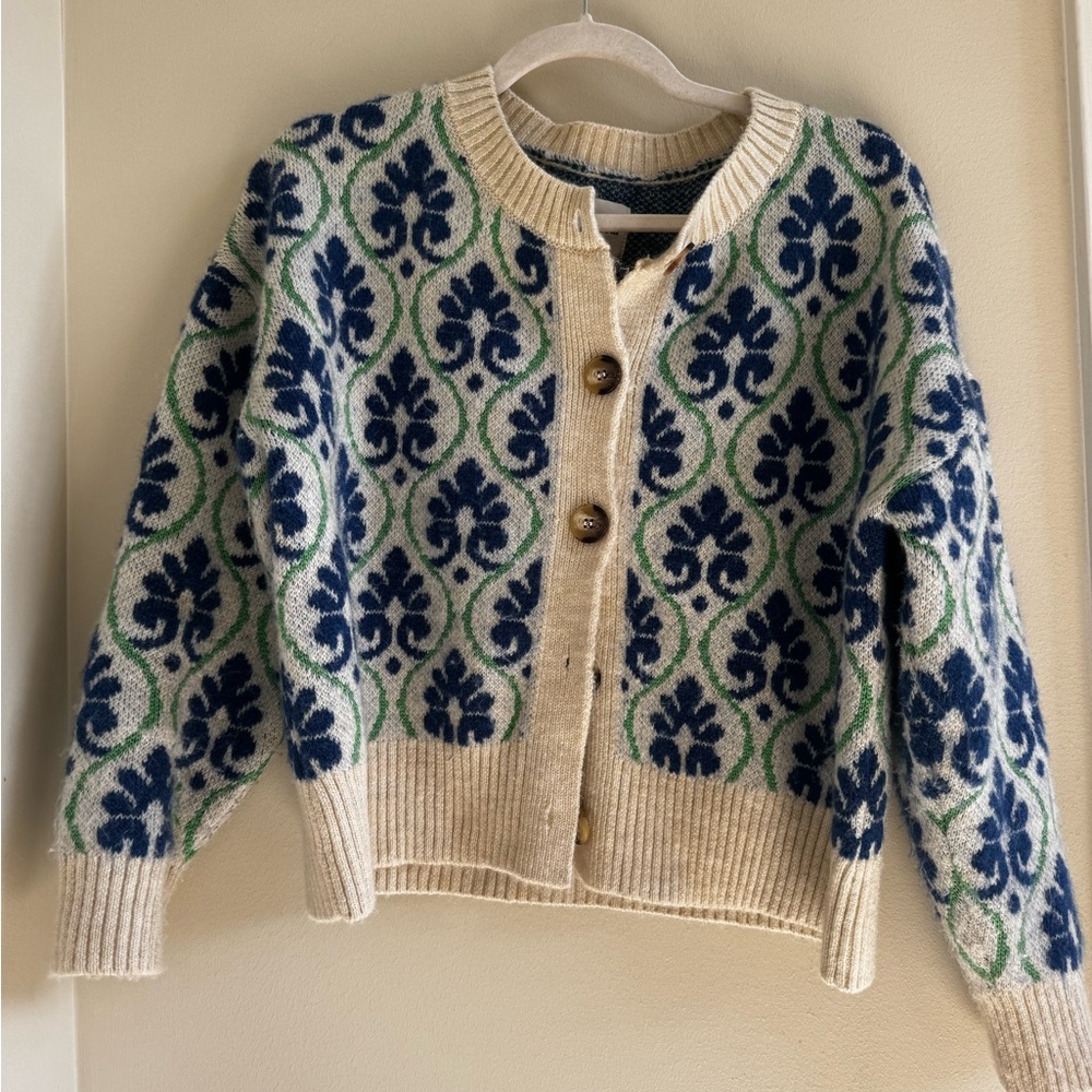 Maeve Blue and Cream Patterned Cardigan